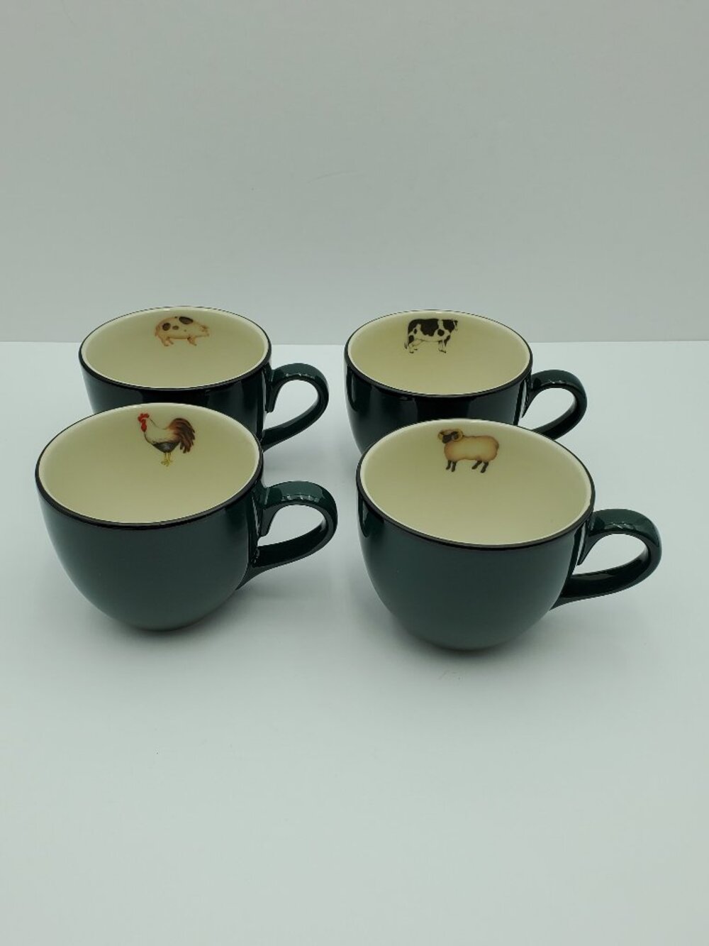 Henry & Co Farm Animals Mugs Green Rooster Cow Sheep Pig Flat Cups Teacups